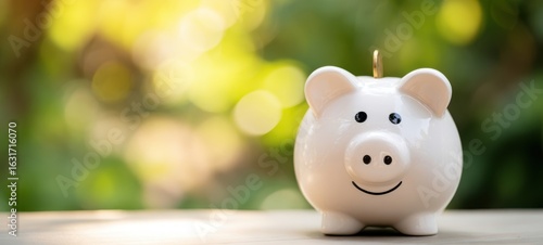 The smiling piggy bank surrounded by a dreamy green background.