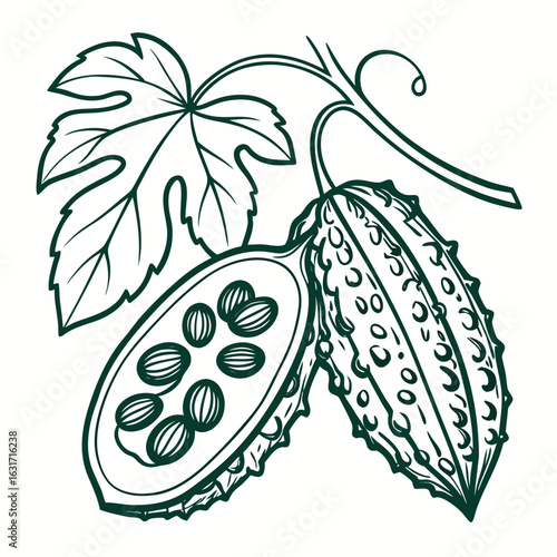Illustration of bitter melon with leaf and half cut isolated on white background