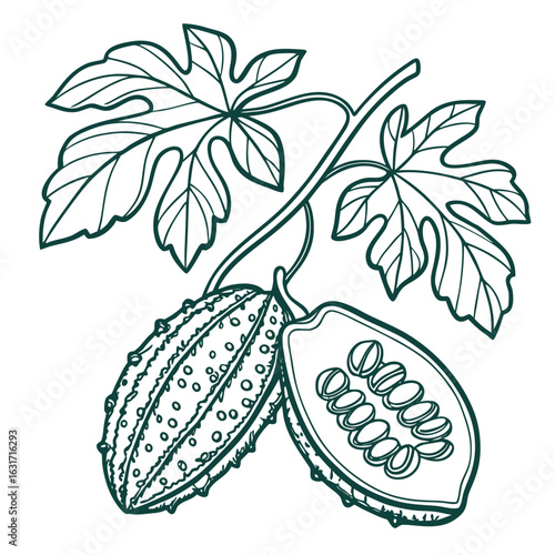 Illustration of bitter melon with leaves isolated on white background for design element