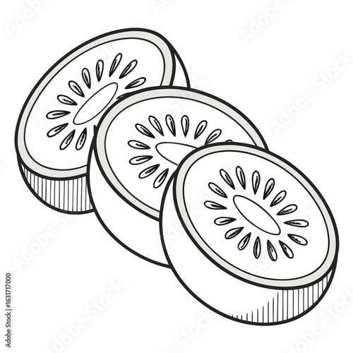 Three sliced kiwi fruits arranged in a row isolated on white background, showcasing their vibrant green flesh