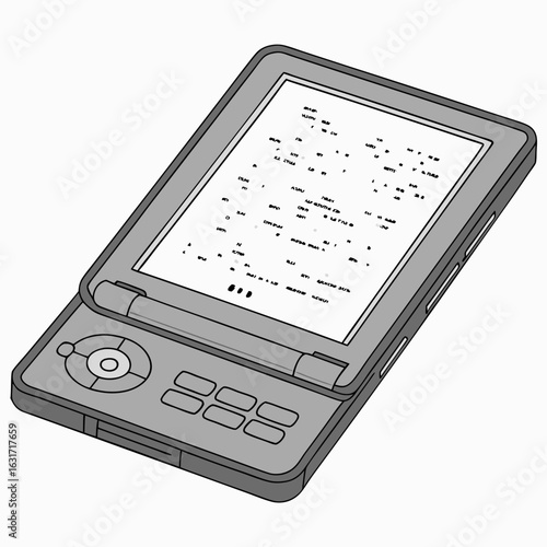 Gray e reader device with text on screen and buttons