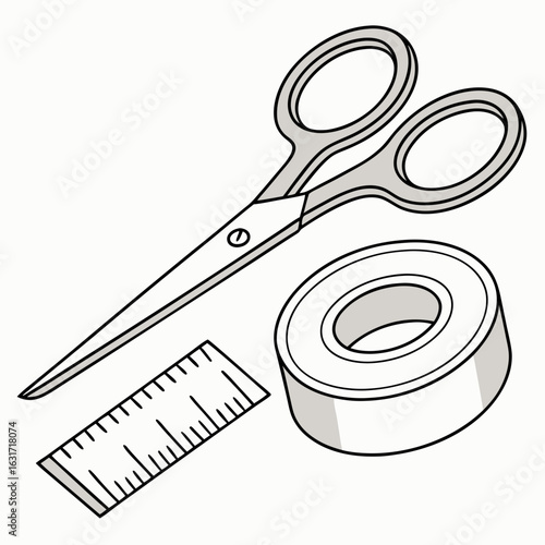Scissors tape and ruler on white background stationery