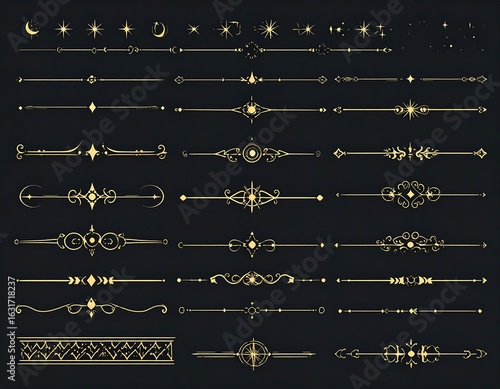 Collection of ornate gold dividers and celestial elements on a dark background