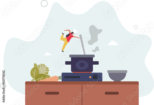 Woman makes soup. Household chores, routine, tasty and healthy food. Diet, taking care of your health, weight loss.human life.