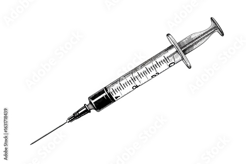 Hand-drawn Syringe Illustration: Medical, Healthcare, Sketch Style, Monochrome, Detailed, Isolated on White Background.