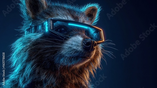 A raccoon wearing futuristic VR glasses with neon blue highlights stands in a dark cyberpunk environment rendered with cinematic lighting and ultra-detailed fur textures.