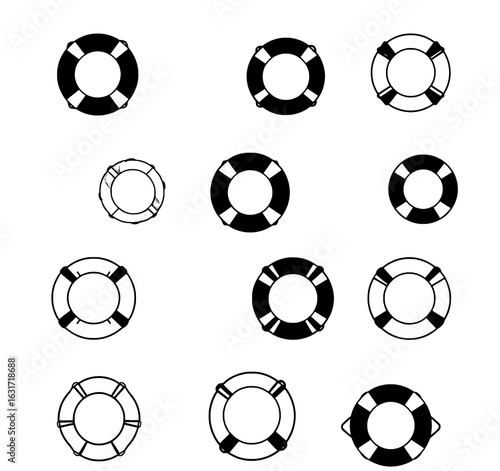 Life preserver ring collection, black and white illustration set. Hand-drawn doodles of lifebuoys, rescue equipment, safety gear in various styles. Vector or ink drawing - marine, nautical, maritime d