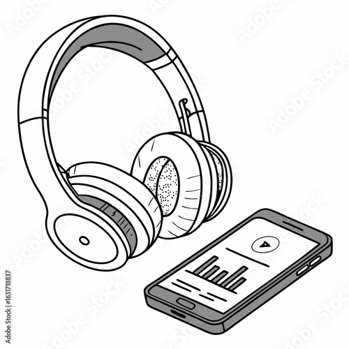 White headphones and smartphone with audio app listening