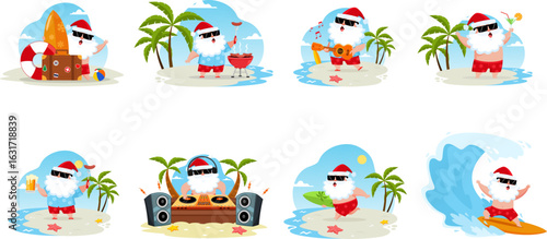 Summer Santa Claus In Different Poses. Vector Flat Design Collection Set