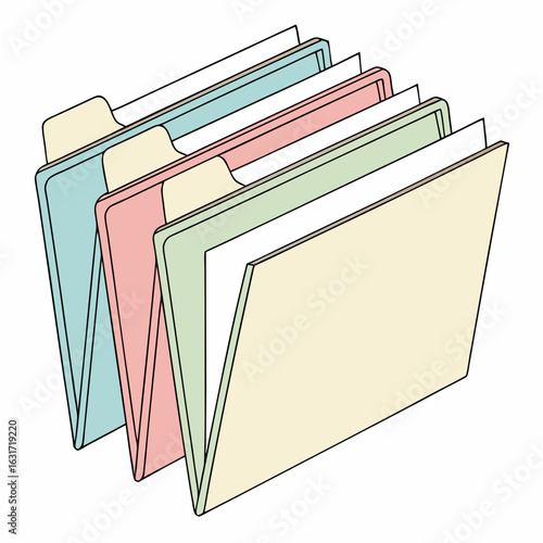 Assorted color file folders on white background document