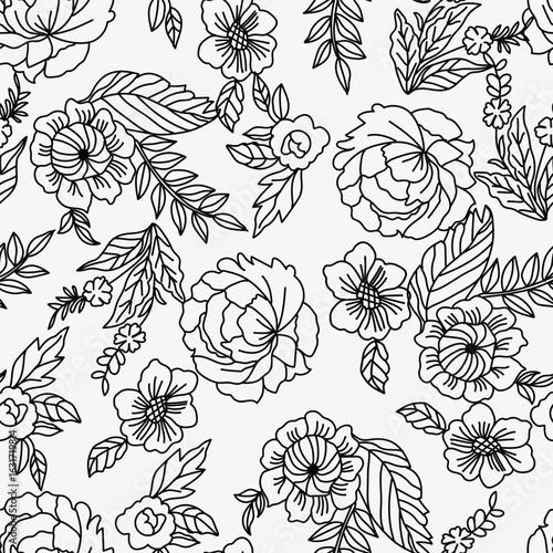 Seamless floral vector laconic black and white handmade ink drawing for fabric design, decor, ceramics, greeting cards, flower. Vector illustration