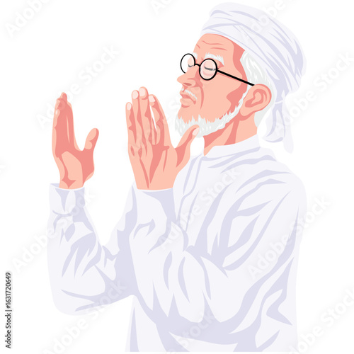 Muslim Man Praying Elderly Imam Wearing Turban Character Cartoon Illustration Vector