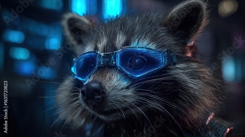 A raccoon wearing futuristic VR glasses with neon blue highlights stands in a dark cyberpunk environment rendered with cinematic lighting and ultra-detailed fur textures.