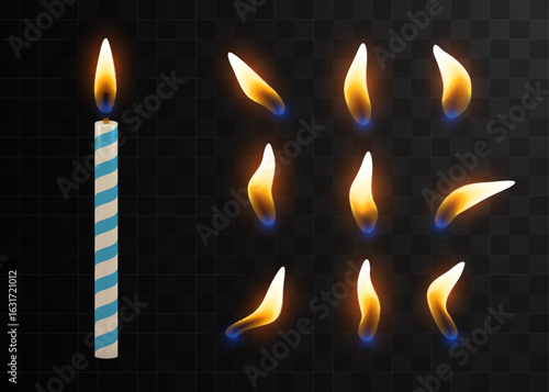 Vector 3d realistic paraffin or wax burning birthday candle and different flame set closeup isolated on transparency grid background. Design template. Vector illustration