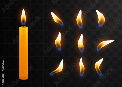 Vector 3d realistic orange paraffin or wax burning candle and different flame of a candle set closeup isolated on transparency grid background. Design template. Vector illustration