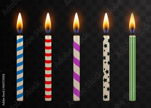 Vector 3d realistic paraffin or wax burning birthday candle set. Design template. Vector illustration