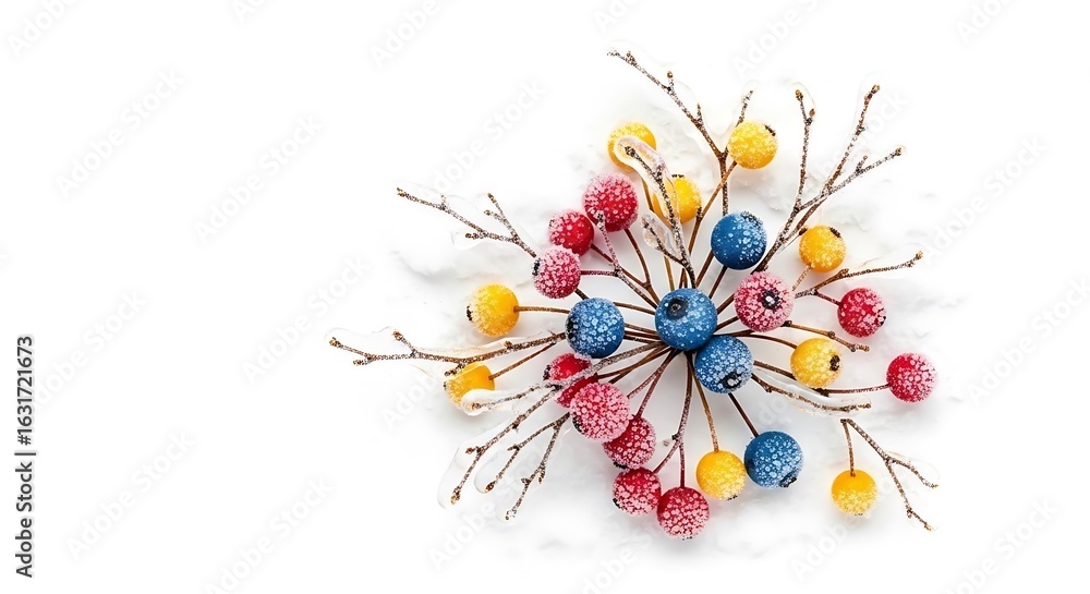 Fototapeta premium A festive arrangement of frosted berries in blue red and yellow on bare branches on a white surface