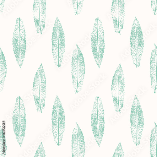 Pattern with green leaves mint Mentha Piperita imprint stamp. Silhouette leaves on light background.