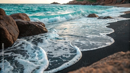 Fototapeta Naklejka Na Ścianę i Meble -  Gentle wave foam on black sand beach ocean water