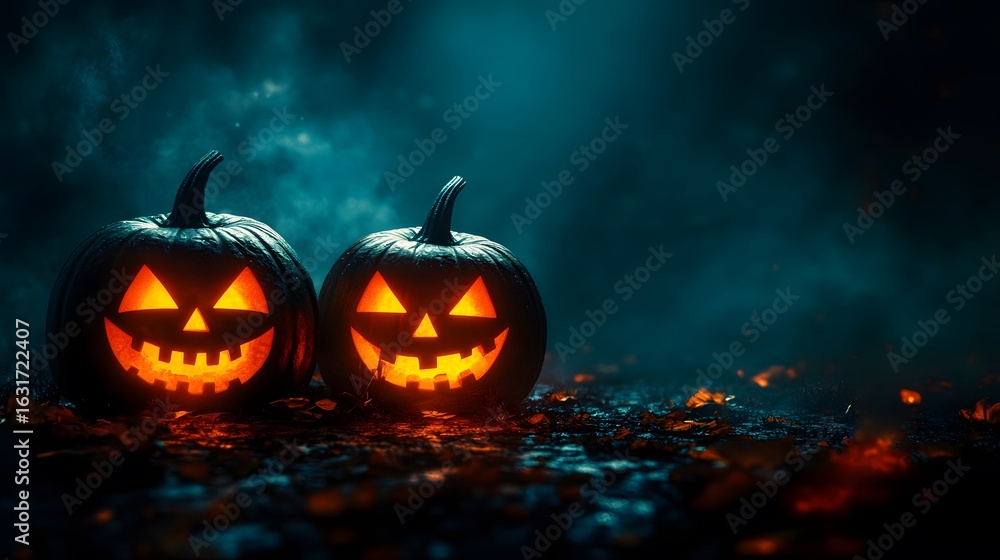 Fototapeta premium Two glowing jack-o'-lanterns illuminate a misty forest during Halloween night festivities