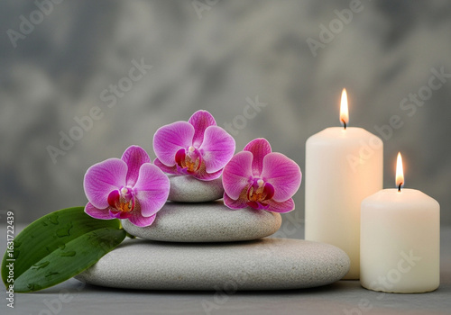 Spa stones and pink orchids with lit candles for relaxation