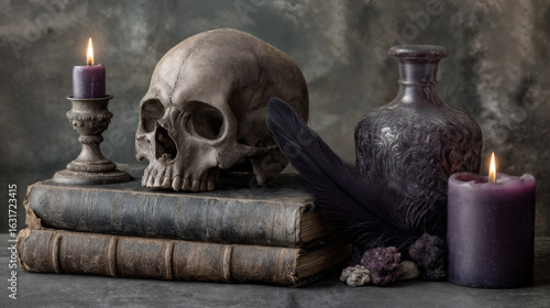 Illustration AI gothic still life with skull, candles, books, and feather on dark background.