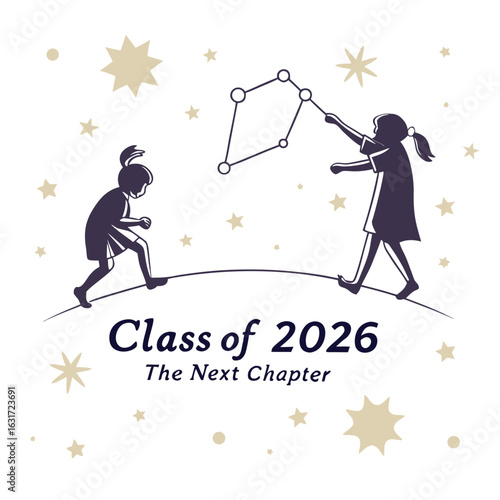 Illustration of children with constellation for class of 2026 graduation