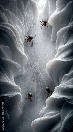 Illustration AI dark spiders crawling on web between silky folds.