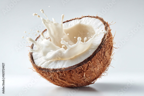 Photorealistic macro shot of a halved coconut with creamy milk splashing