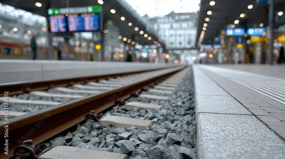 Fototapeta premium Train tracks at a railway station in urban setting.