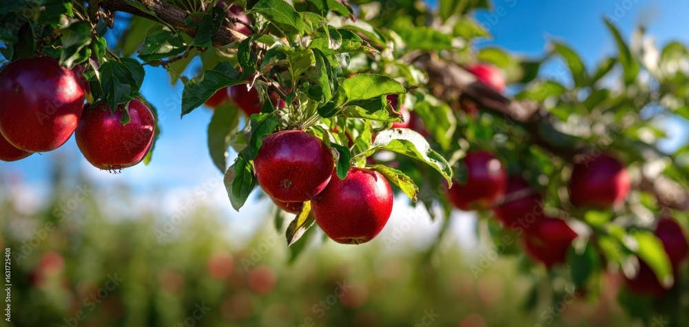 Obraz premium The vibrant red apples hanging from a lush green apple tree branch.