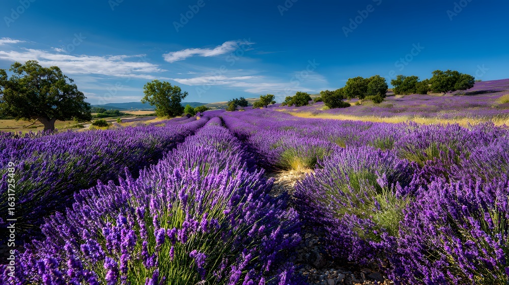 Naklejka premium Lavender Field in Full Bloom under Clear Blue Sky Vibrant Purple Landscape 