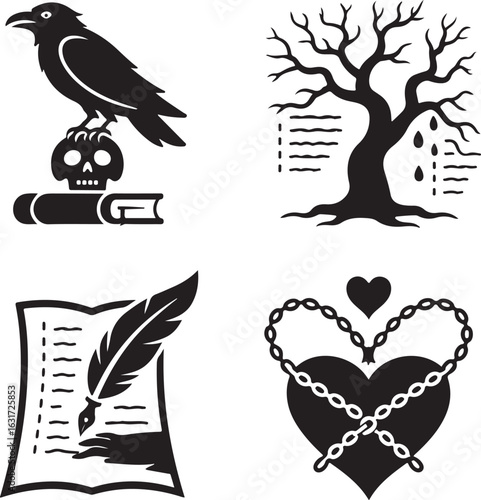 Gothic, writing, icon, set, horror, romance, silhouette, vector, black, isolated, illustration, design, dark, poetry, love, death, symbol, raven