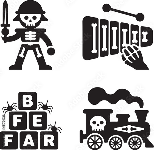 Haunted, toys, icon, set, horror, silhouette, vector, black, isolated, illustration, design, spooky