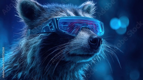 A raccoon wearing futuristic VR glasses with neon blue highlights stands in a dark cyberpunk environment rendered with cinematic lighting and ultra-detailed fur textures.