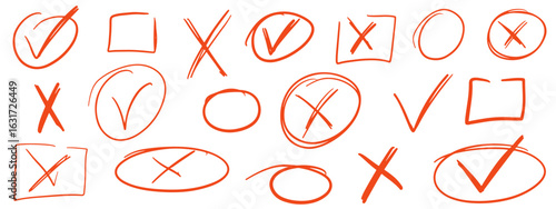 Check marks red pencil doodle set. Vote, yes, no, checkbox, checklist, tick and cross signs, v and x. Ellipse or circle frames. Vector filled boxes for answers in test, confirmation or negation