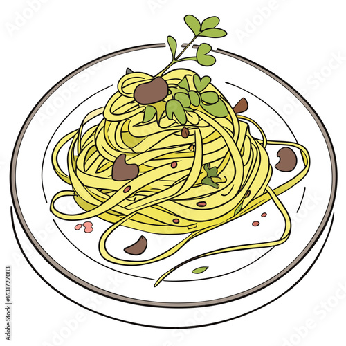 Exquisite high end gourmet noodles artfully plated with vibrant fresh microgreens showcasing culinary elegance and sophisticated dining presentation
