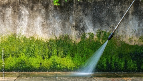 High-pressure water cleaning a mossy wall