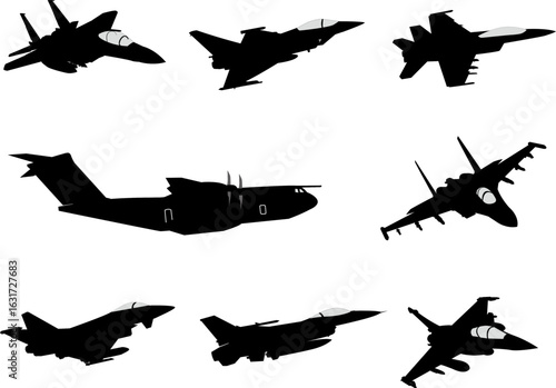 A set of silhouette vector illustrations of various modern military aircraft including fighter jets and a transport plane