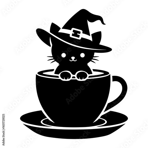 cup of coffee Kitten in a witch hat is sitting in a Cup of coffee