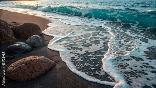 Ocean wave receding on sandy beach with rocks image