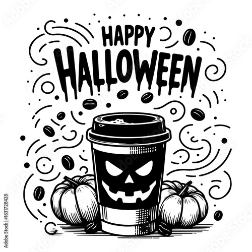 Happy Halloween sign text over paper coffee cup with abstract coffee beans and halloween background 