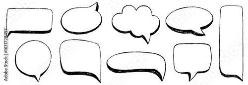 Crayon speech bubble set. Chalk pencil text boxes and dialog balloon. Charcoal doodle various text clouds, comic talk balloon with cute texture. Hand drawn vector kid's style talk speech bubble