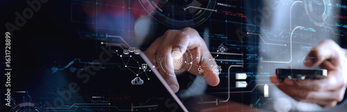 Cyber security system and data protection concept. Man using fingerprint scanning access data  for network security of cyber attack background.