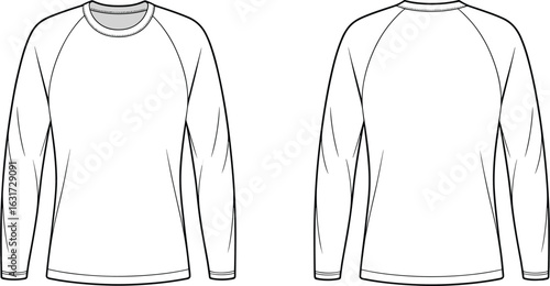 Art & IllustrationFront and back technical flat sketch of long sleeve raglan t-shirt, fashion design template, vector outline drawing, apparel mockup, clothing blueprint illustration