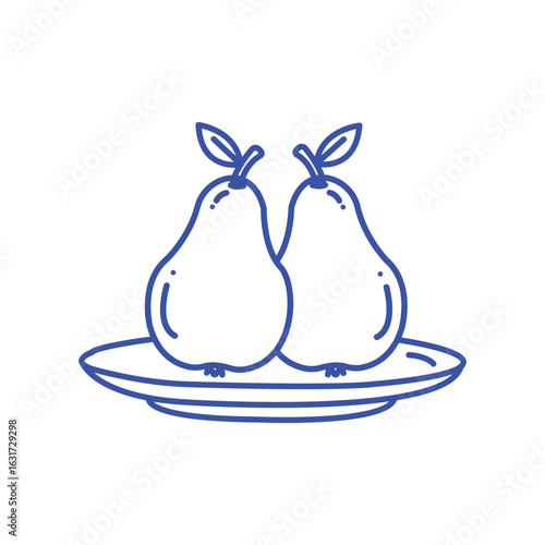 pear illustration, hand drawn sketch of two pears on plate in blue ink line art style for fruit packaging food label kitchen decor healthy eating and organic design projects

