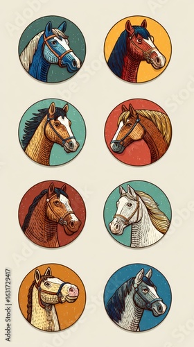 Horse head illustrations in vibrant colors showcasing different breeds and styles in circular frames