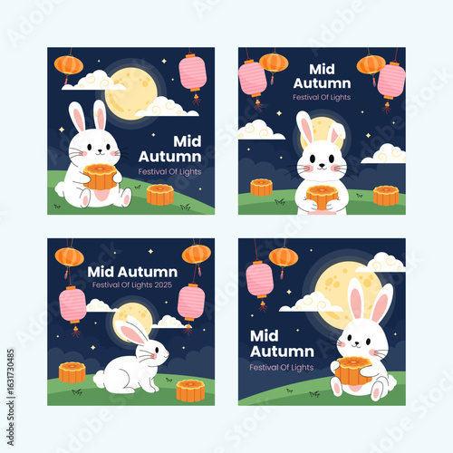 Mid autumn festival celebration social media posts template. Cute rabbits with delicious mooncakes and a full moon. Moon Festival.