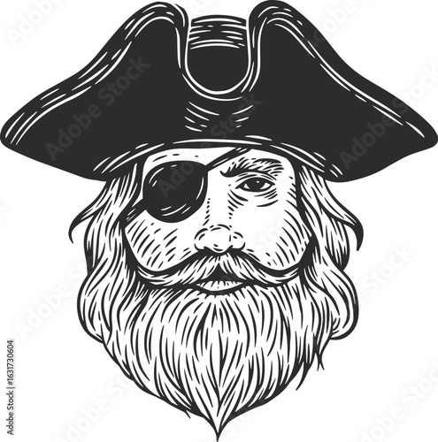 Portrait of pirate with hat and eye patch in hand draw sketch style. Monochrome vector illustration.
