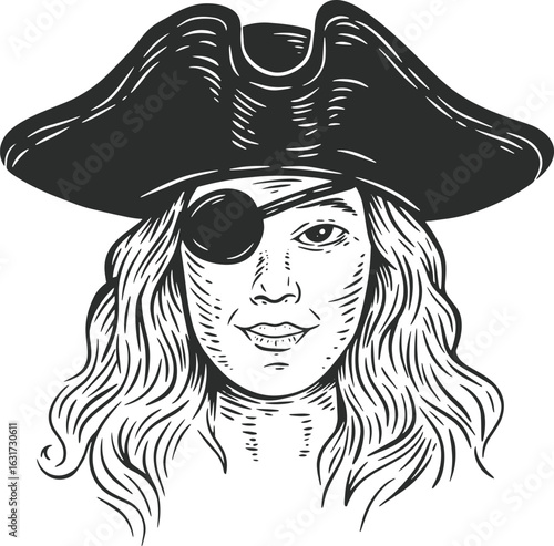 Portrait of woman pirate with hat and eye patch in hand draw sketch style. Monochrome vector illustration.